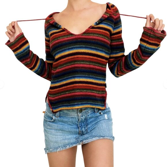 Vintage Abercrombie Stripe Tie Neck Sweater Flare Sleeve Cotton Wool Y2K Size L - Picture 14 of 14